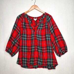 Crown and Ivy Long Sleeve Top Shirt Red Green Plaid Holiday 0X XXL Plus
